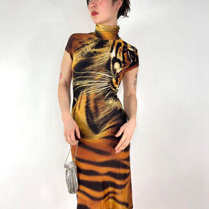 Roberto Cavalli S/S 2000 turtleneck tiger print dress